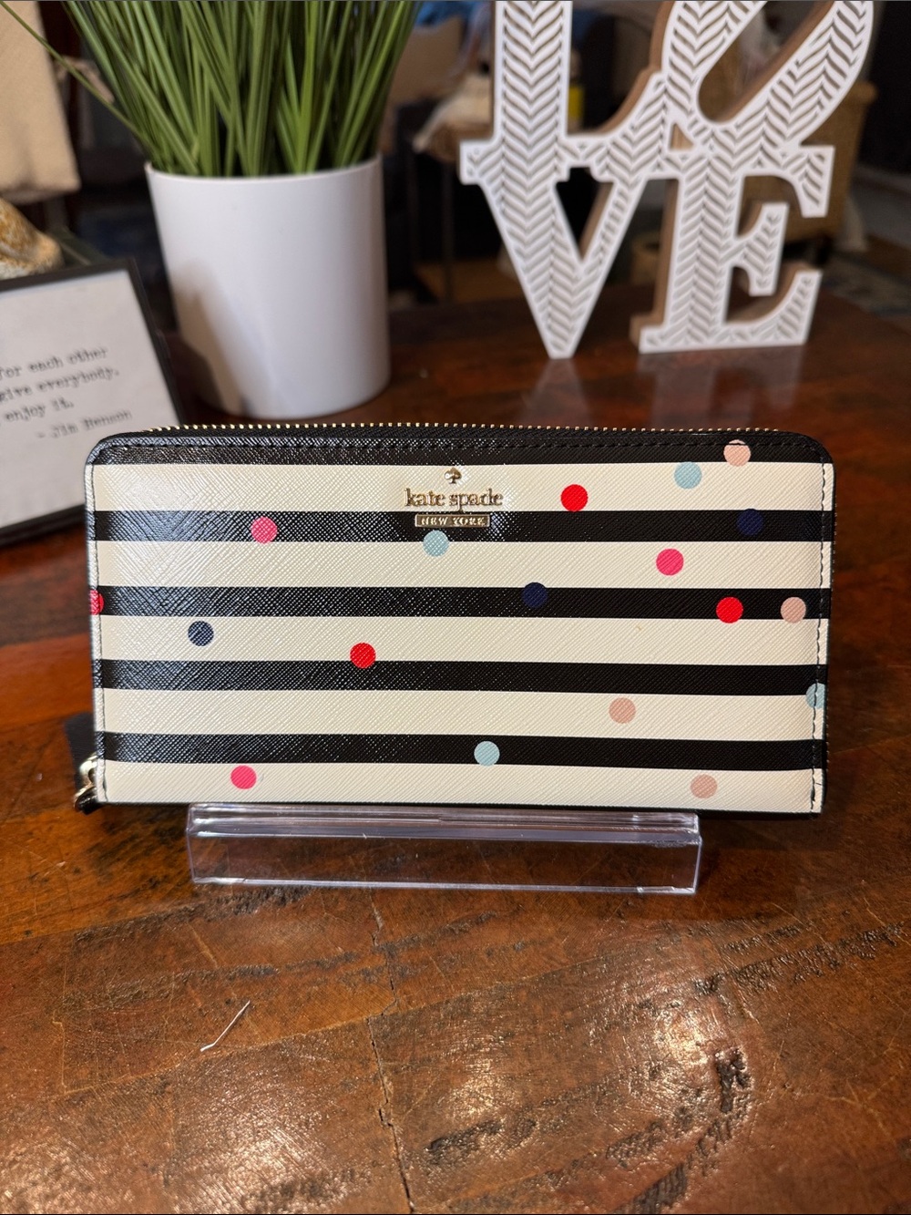 💕kate spade Storybook Lining Black & Cream Striped Polka Dot Zip Wallet
